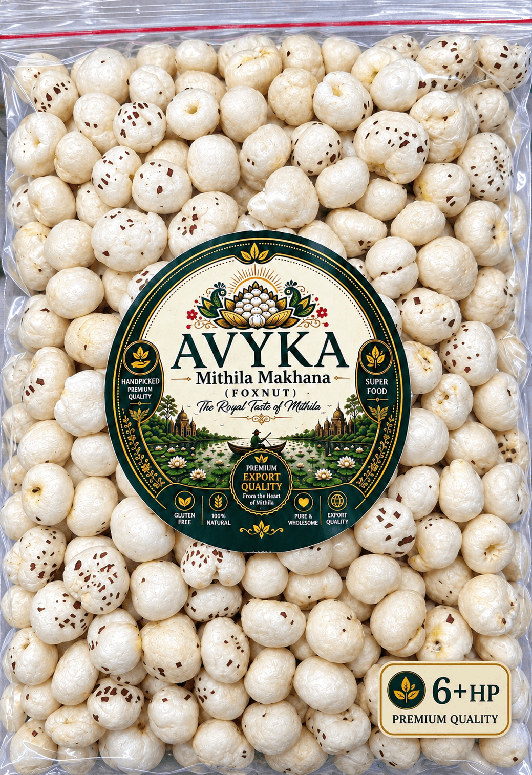 Freshly popped Avyka Makhana in wooden bowl with raw Makhana pod and lotus flower