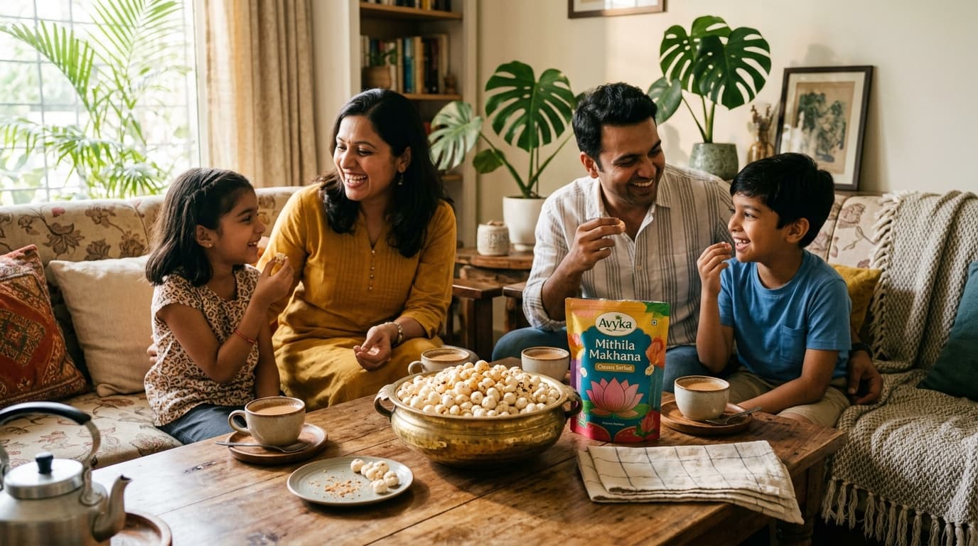 A family enjoying a bowl of Avyka Mithila Makhana together with tea